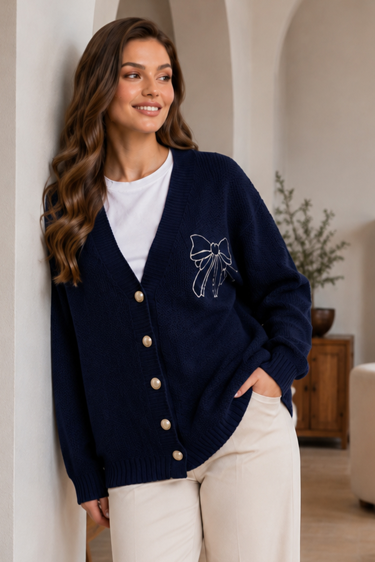 Bow-embroidered Knit Cardigan N514 Navy Blue