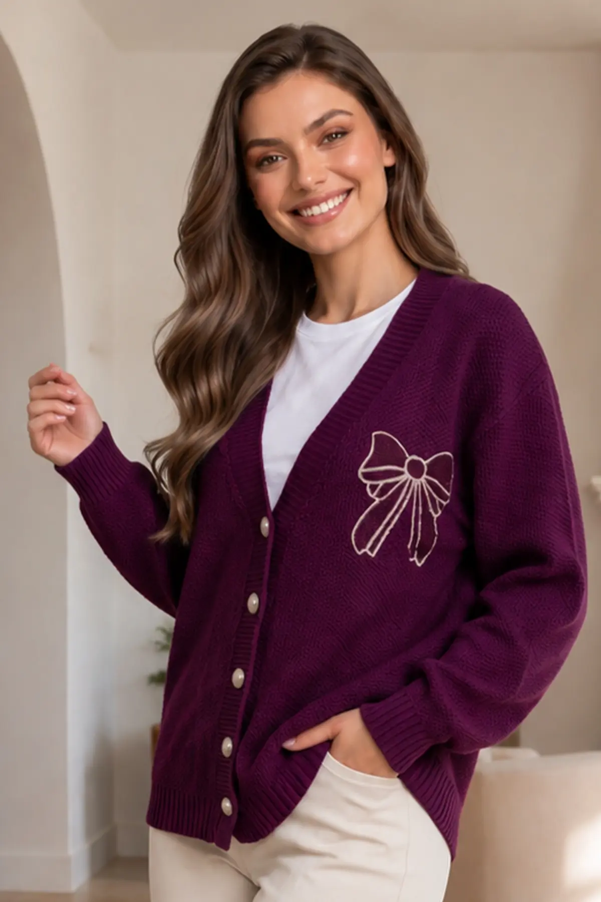 Bow-embroidered Knit Cardigan N514 Plum-detail