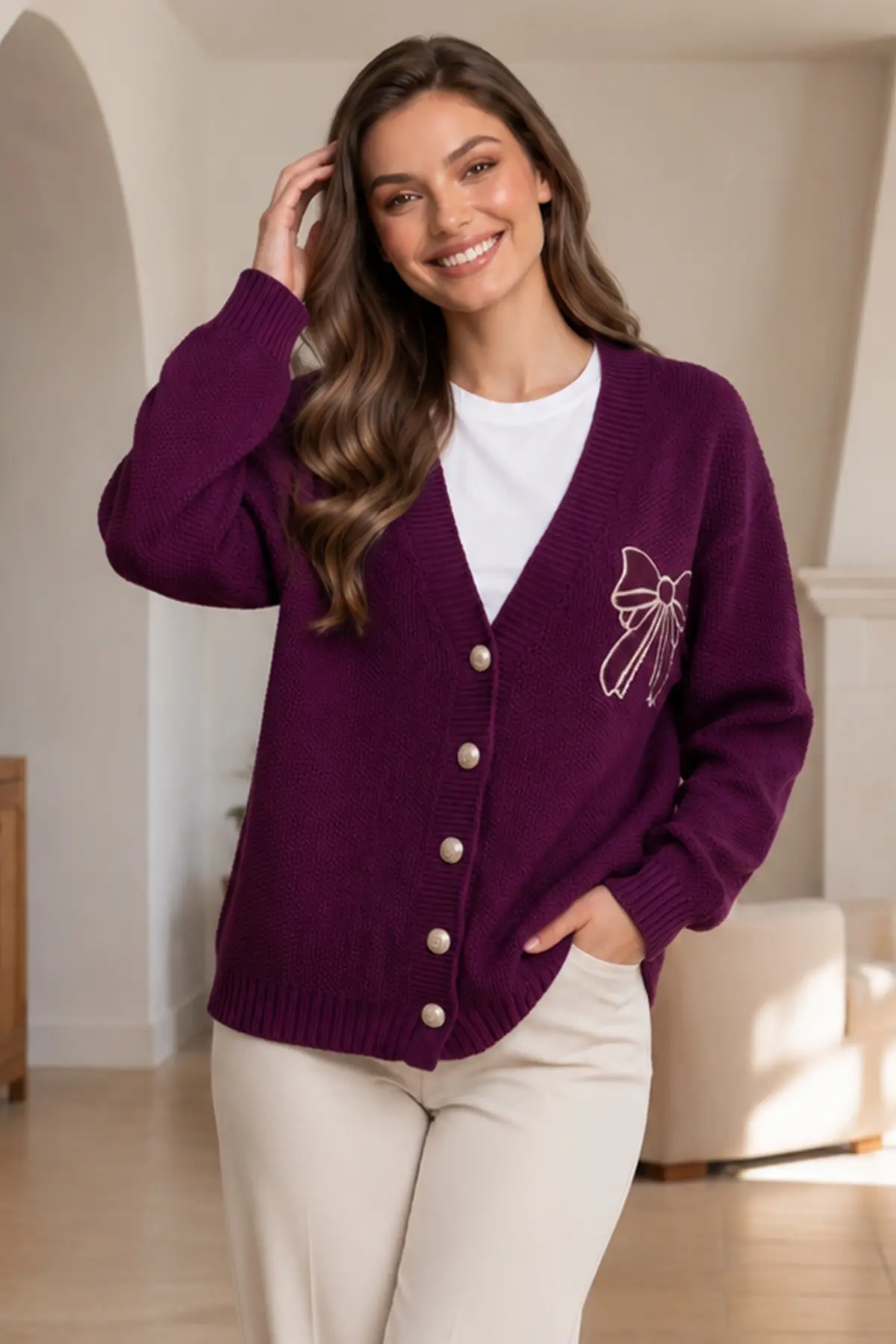 Bow-embroidered Knit Cardigan N514 Plum-detail