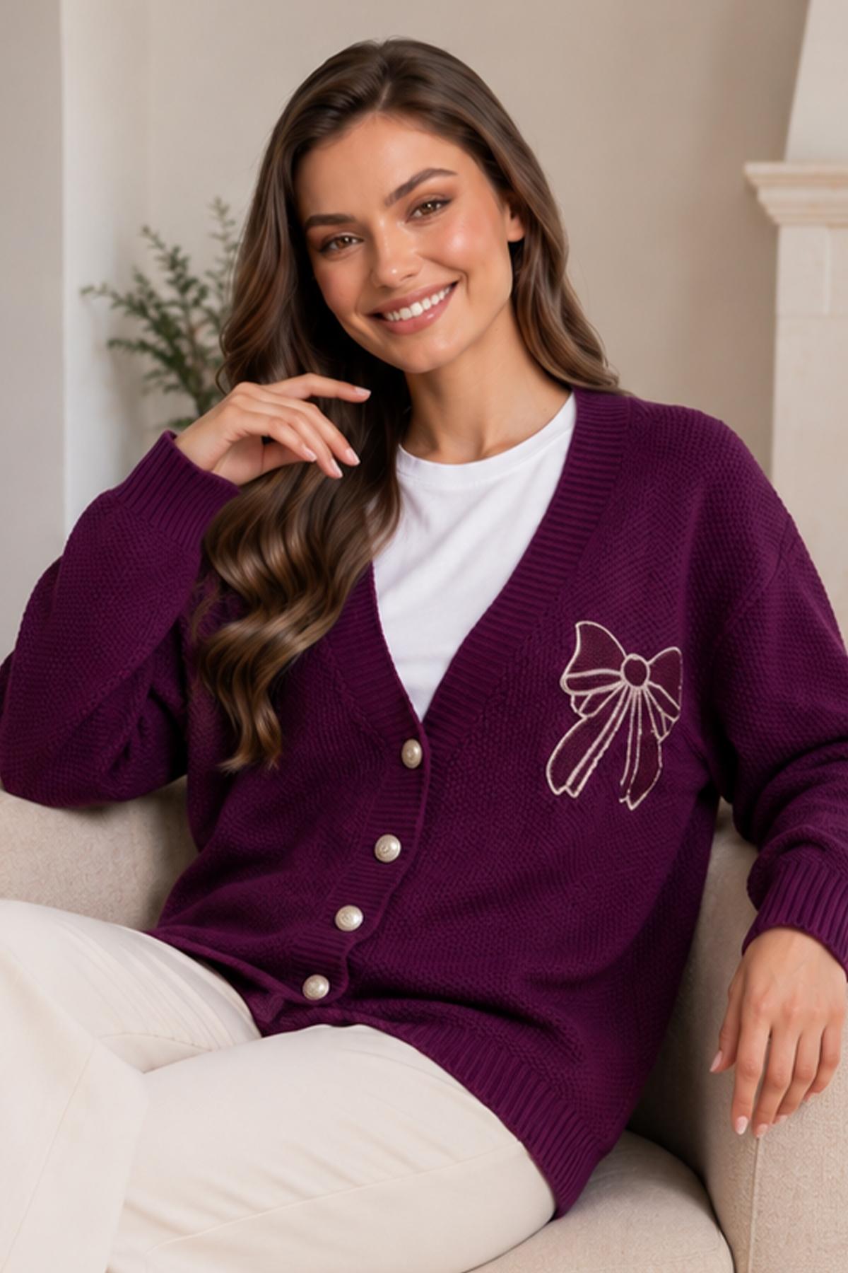 Bow-embroidered Knit Cardigan N514 Plum