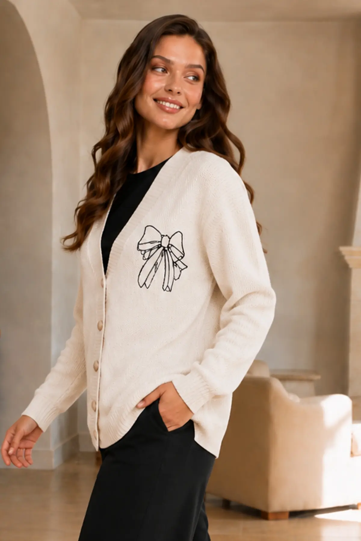 Bow-embroidered Knit Cardigan N514 Stone-detail