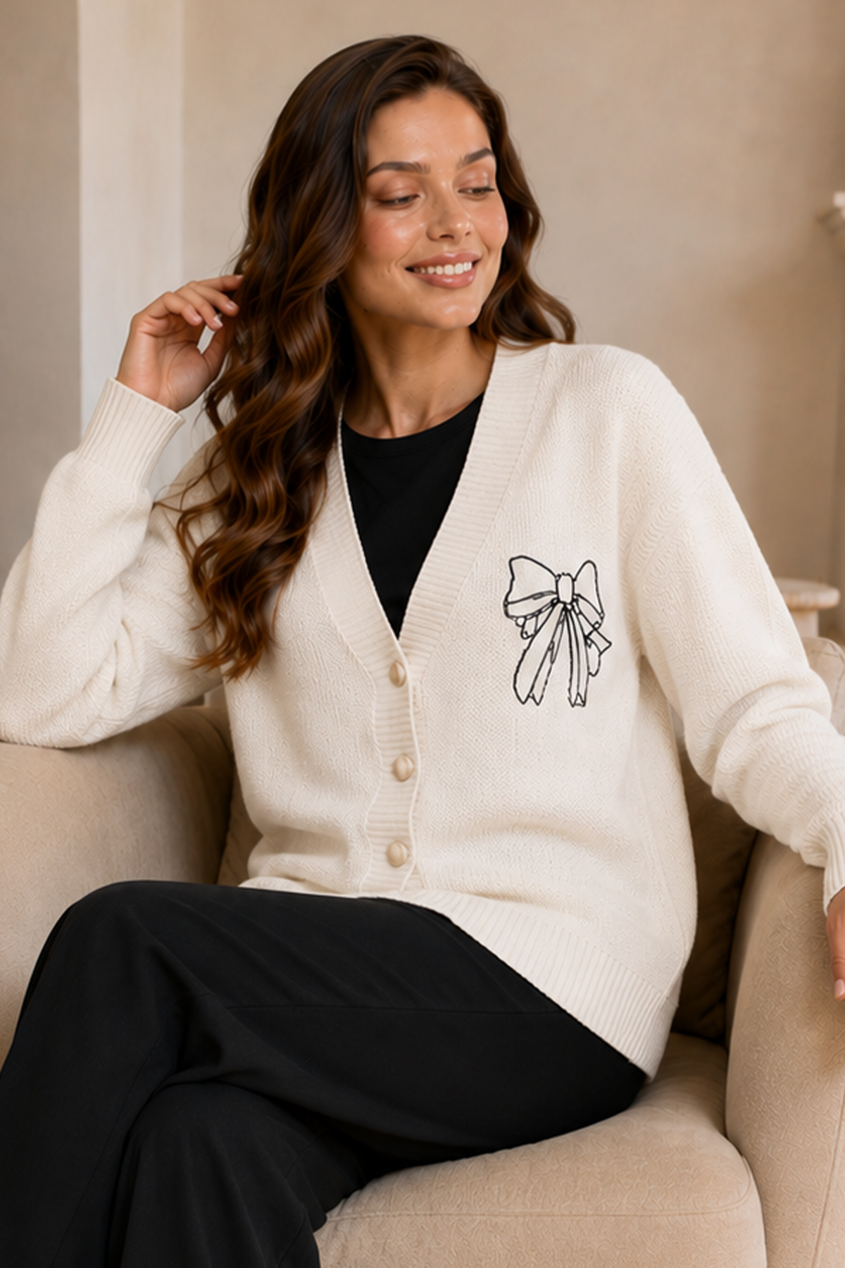Bow-embroidered Knit Cardigan N514 Stone