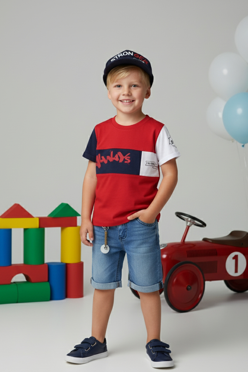 Boys' Color Block T-shirt, Denim Shorts & Baseball Cap 3-piece Set