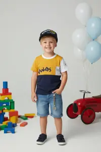 Boys' Color Block T-shirt, Denim Shorts & Baseball Cap 3-piece Set