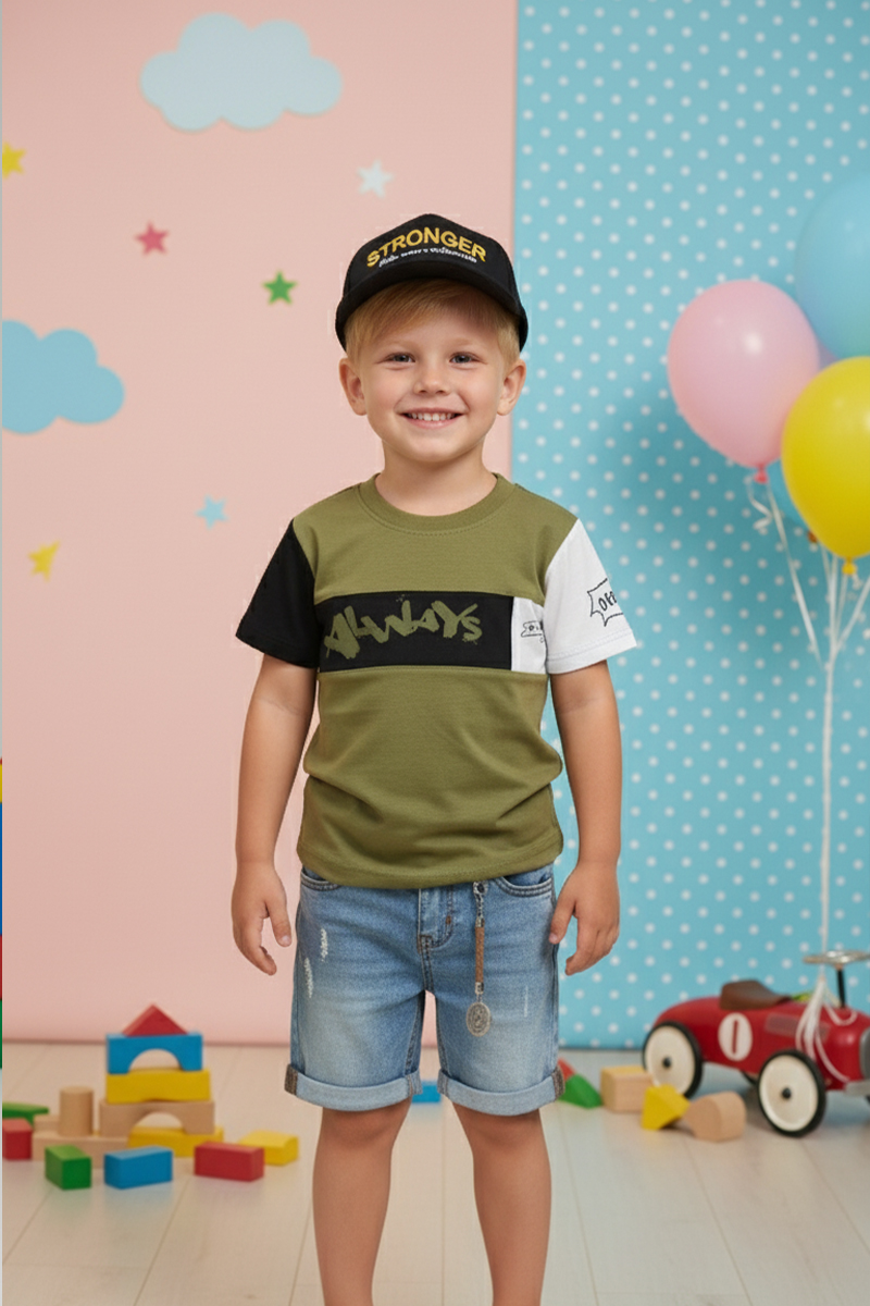 Boys' Color Block T-shirt, Denim Shorts & Baseball Cap 3-piece Set