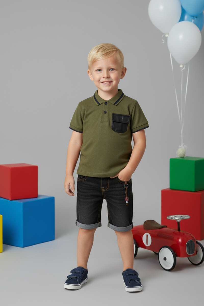 Boys' Contrast Pocket Polo Shirt And Denim Shorts Set