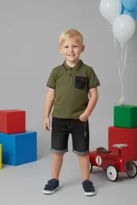 Boys' Contrast Pocket Polo Shirt And Denim Shorts Set