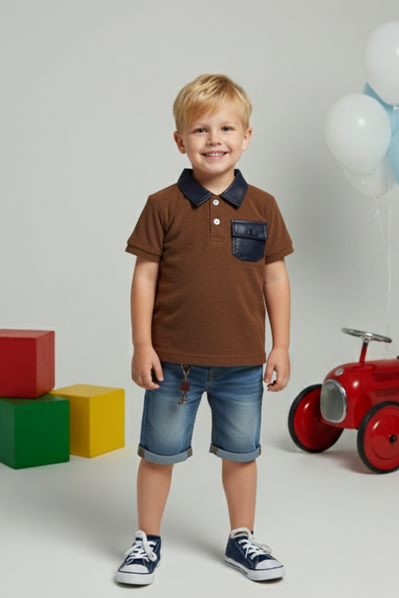 Boys' Contrast Pocket Polo Shirt And Denim Shorts Set