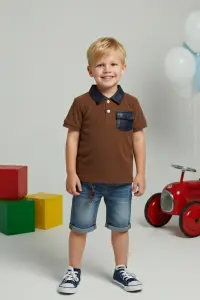 Boys' Contrast Pocket Polo Shirt And Denim Shorts Set
