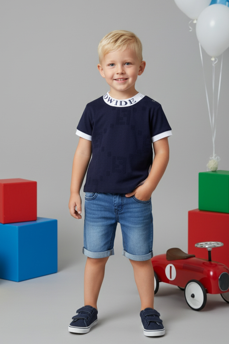 Boys' Navy Print T-shirt And Cuffed Denim Shorts Set