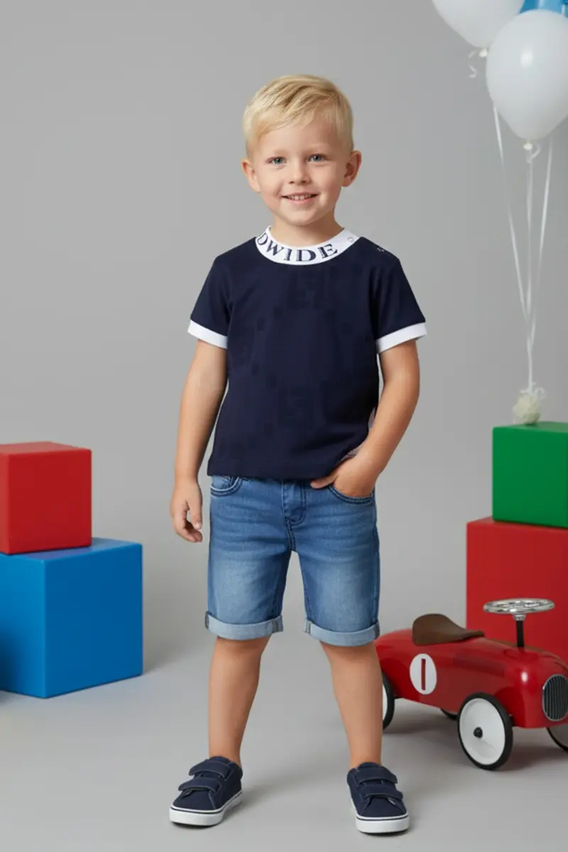 Boys' Navy Print T-shirt And Cuffed Denim Shorts Set