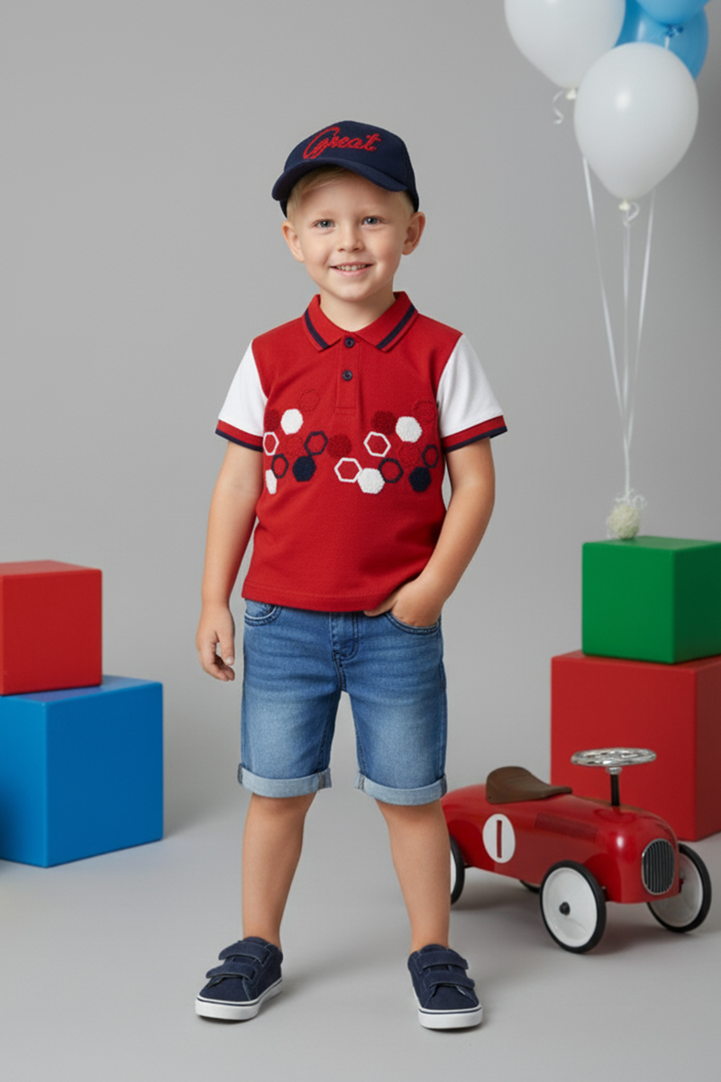 Boys' Patterned Polo Shirt, Denim Shorts & Cap 3-piece Set