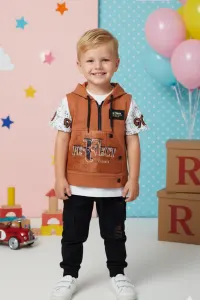 Boys Patterned T-shirt, Hooded Vest, And Cargo Pants 3-piece Set