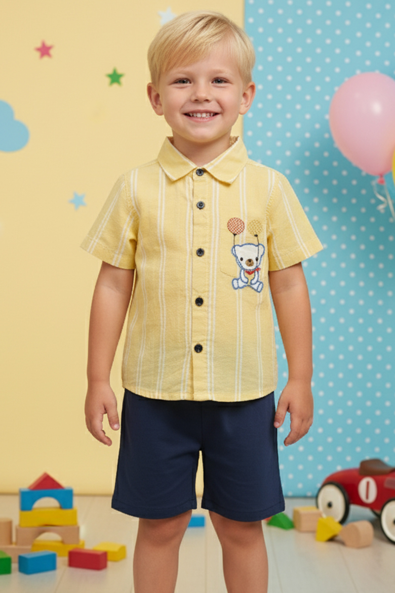 Boys' Striped Short-sleeve Shirt And Navy Shorts Set