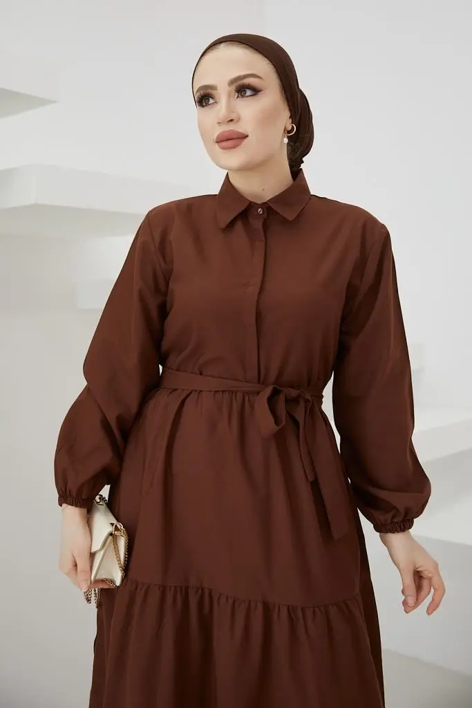 Brown Color Shirt Collar Buttoned Dress-detail