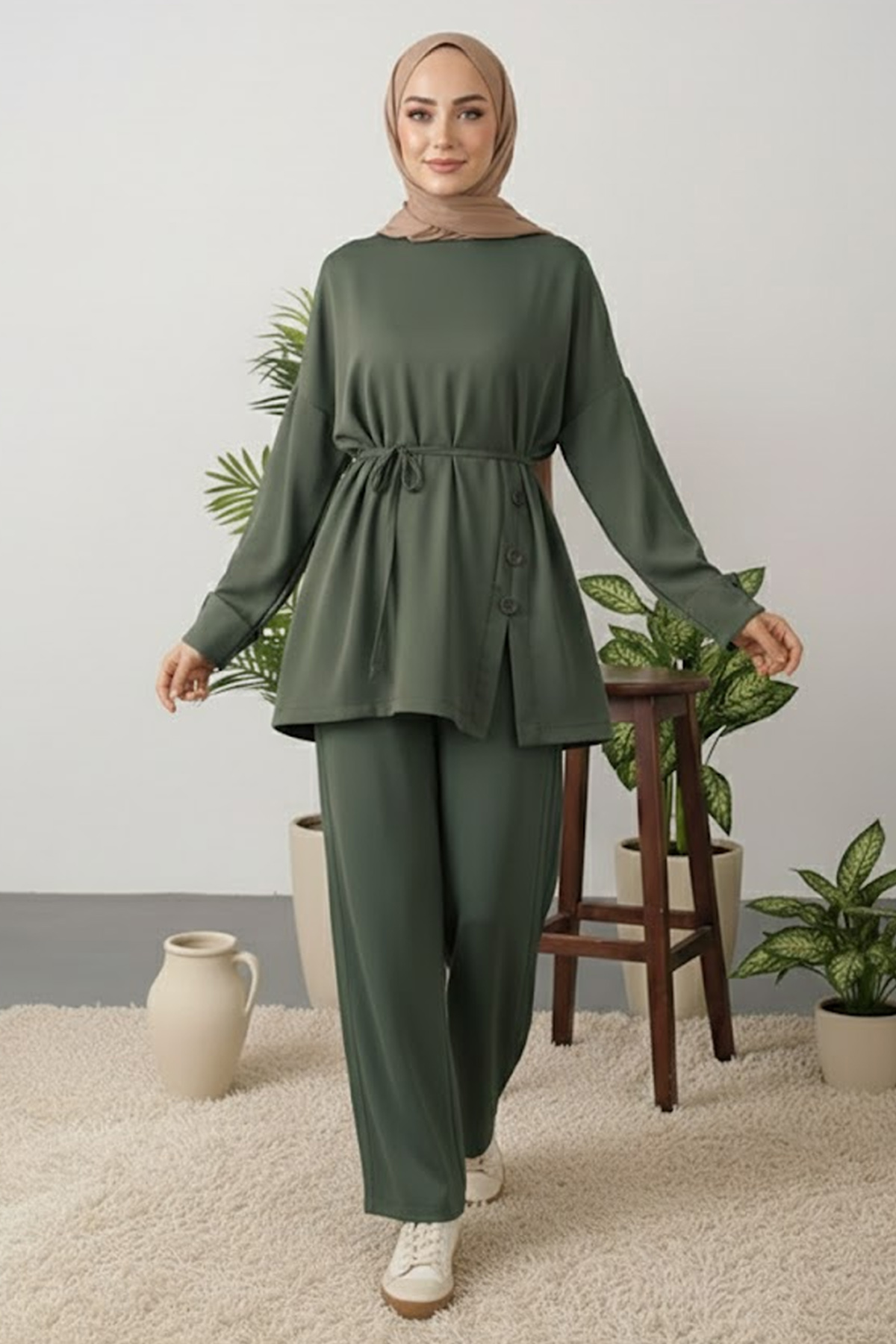 Button Detail Tunic Set