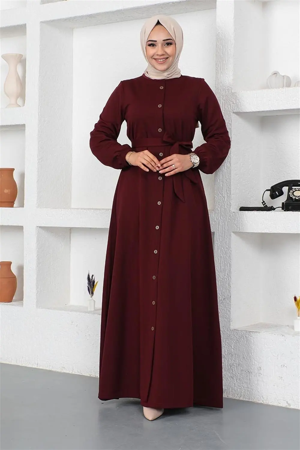 Button Detailed Belted Dress-detail