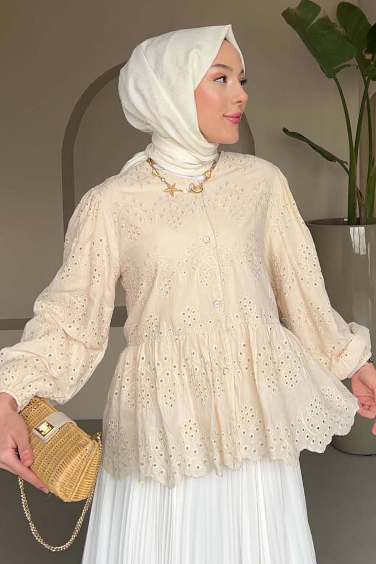 Button Detailed Embroidered Shirt