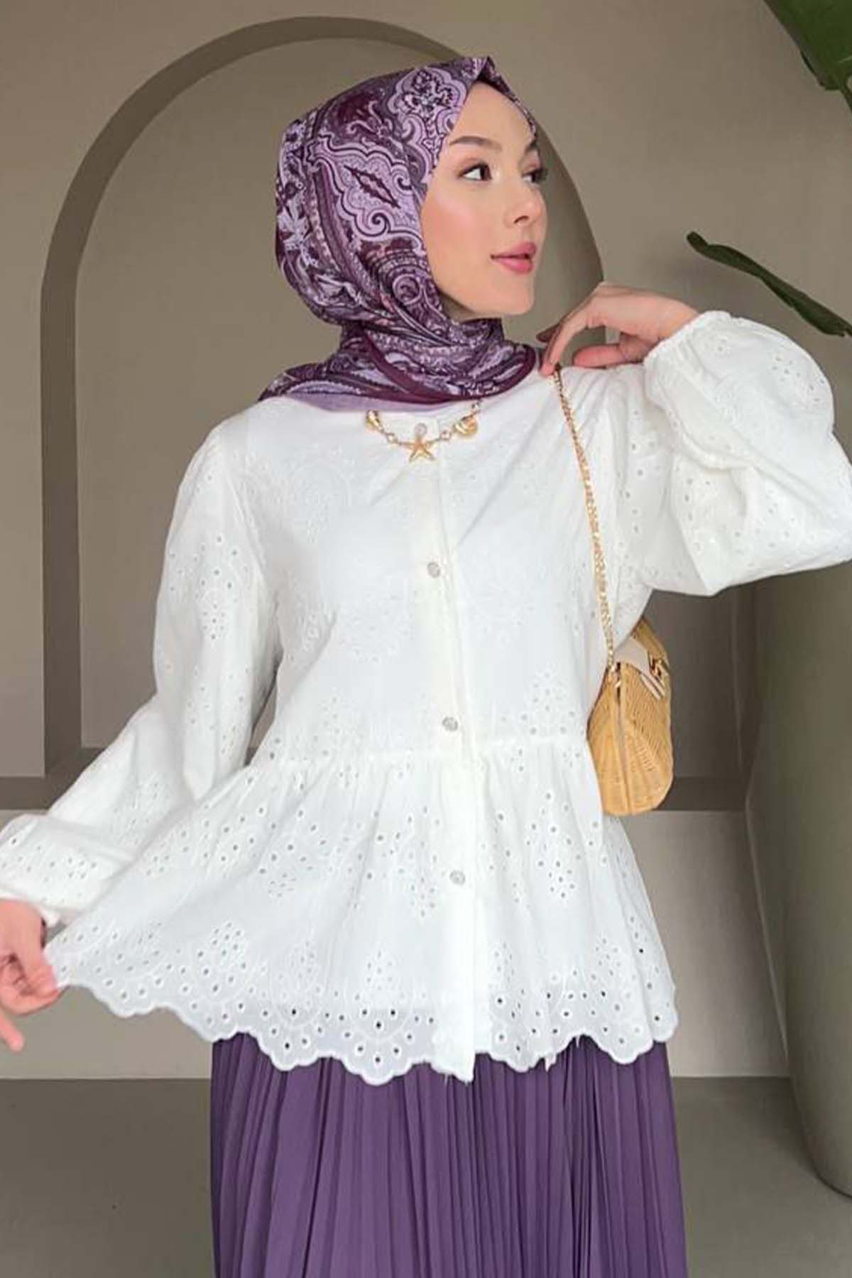 Button Detailed Embroidered Shirt