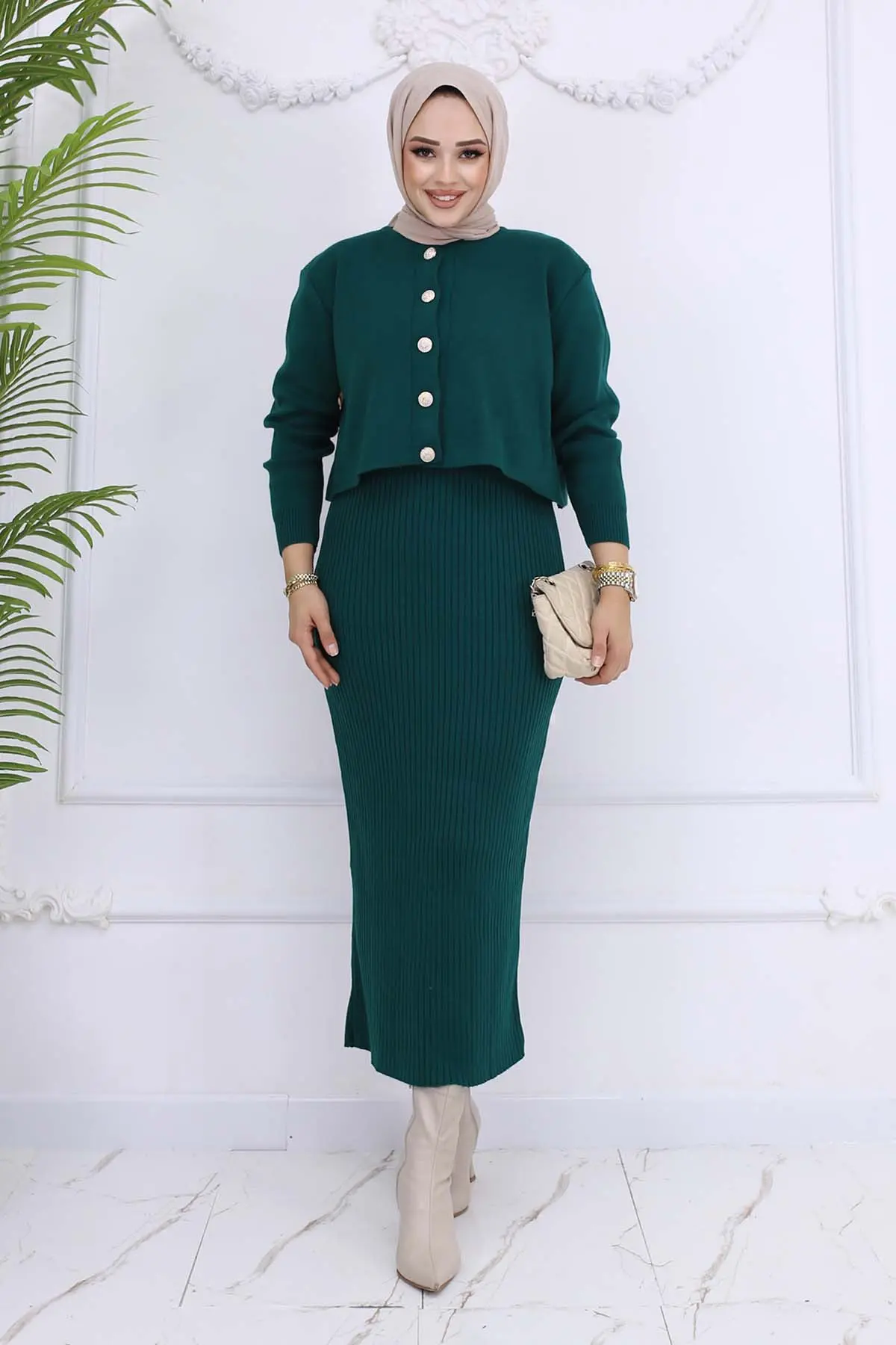 Button Detailed Gilet Knitwear Set-detail