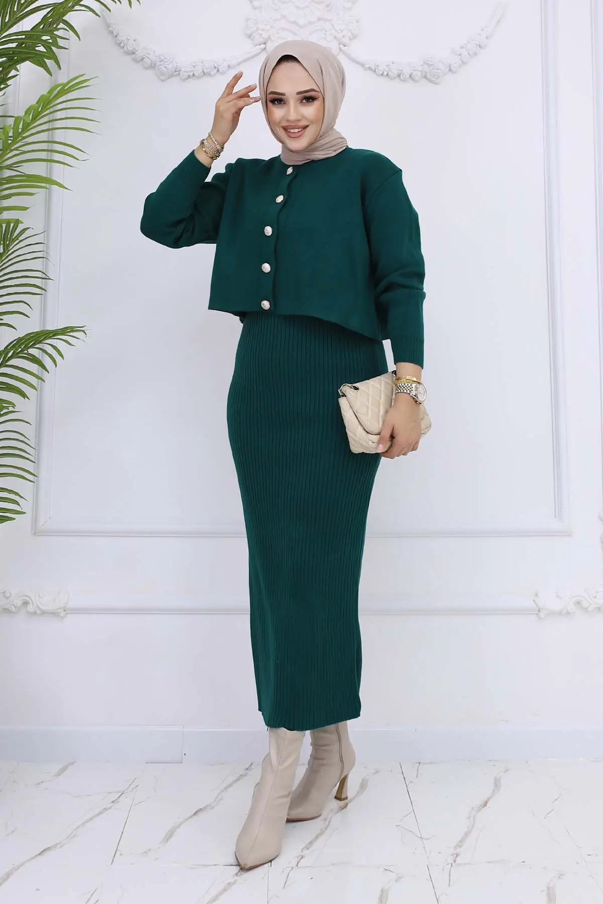 Button Detailed Gilet Knitwear Set-detail