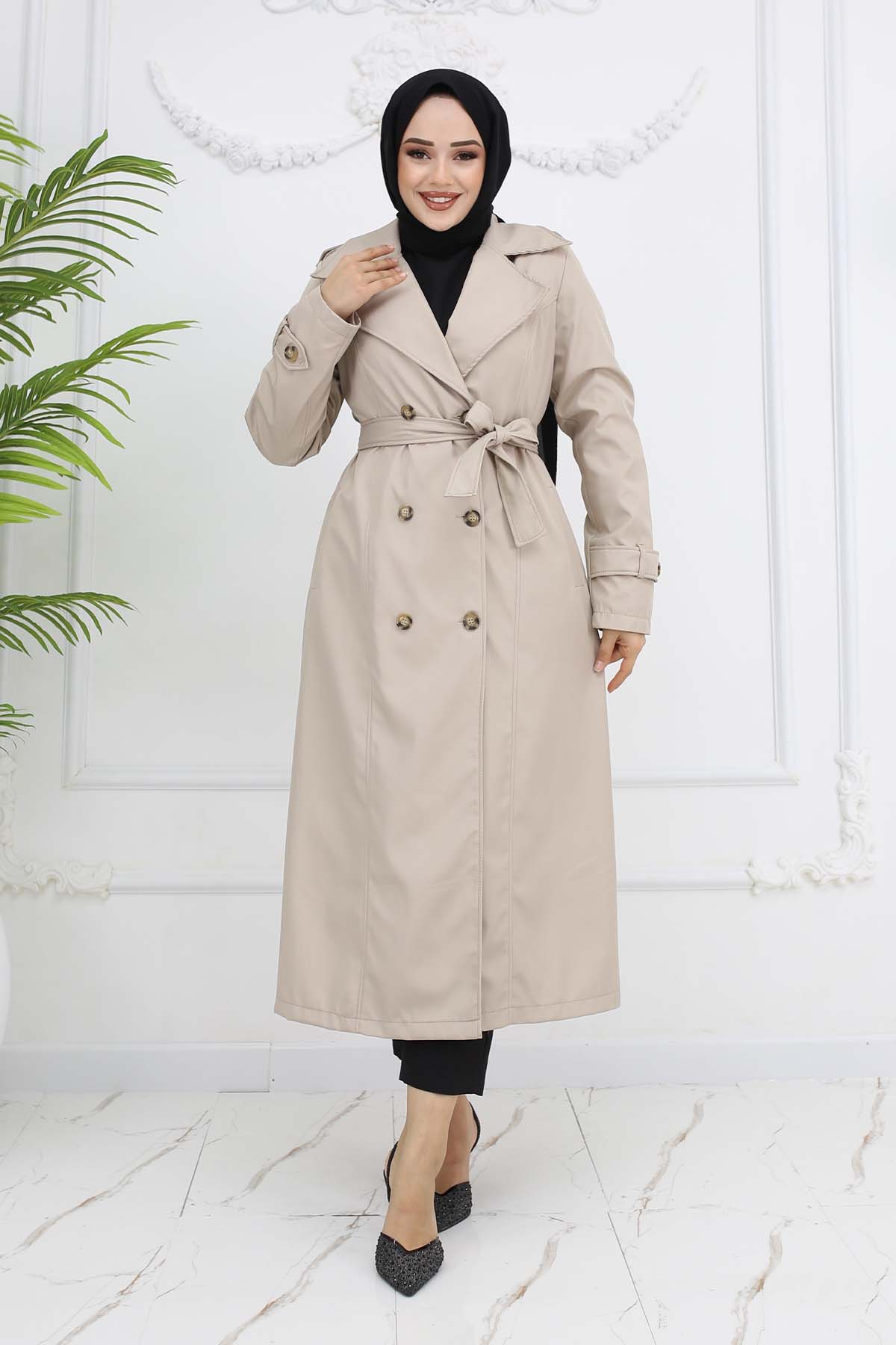 Button Detailed Trench Coat Stone Color