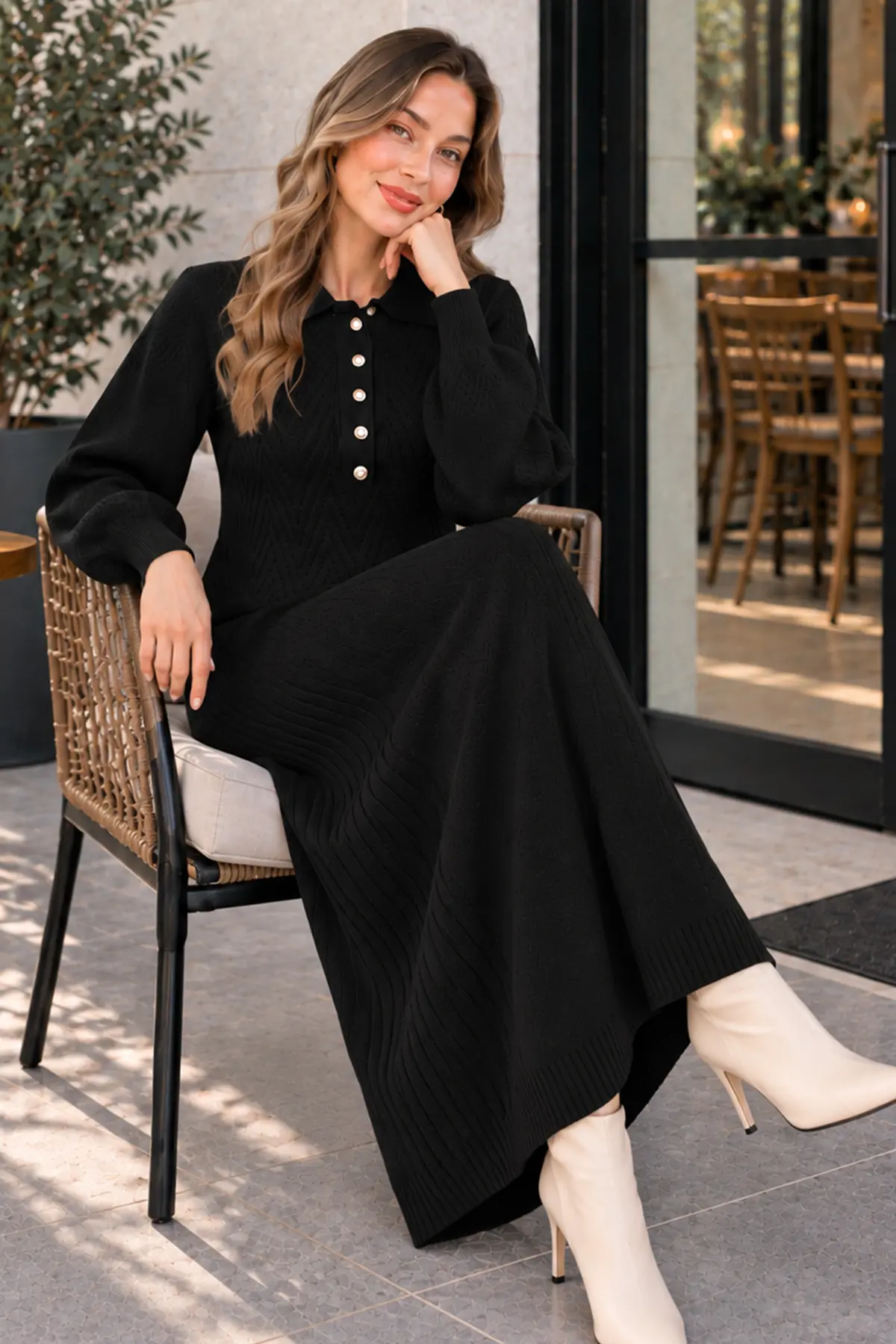Button-neck Knit Dress K3072 Black-detail