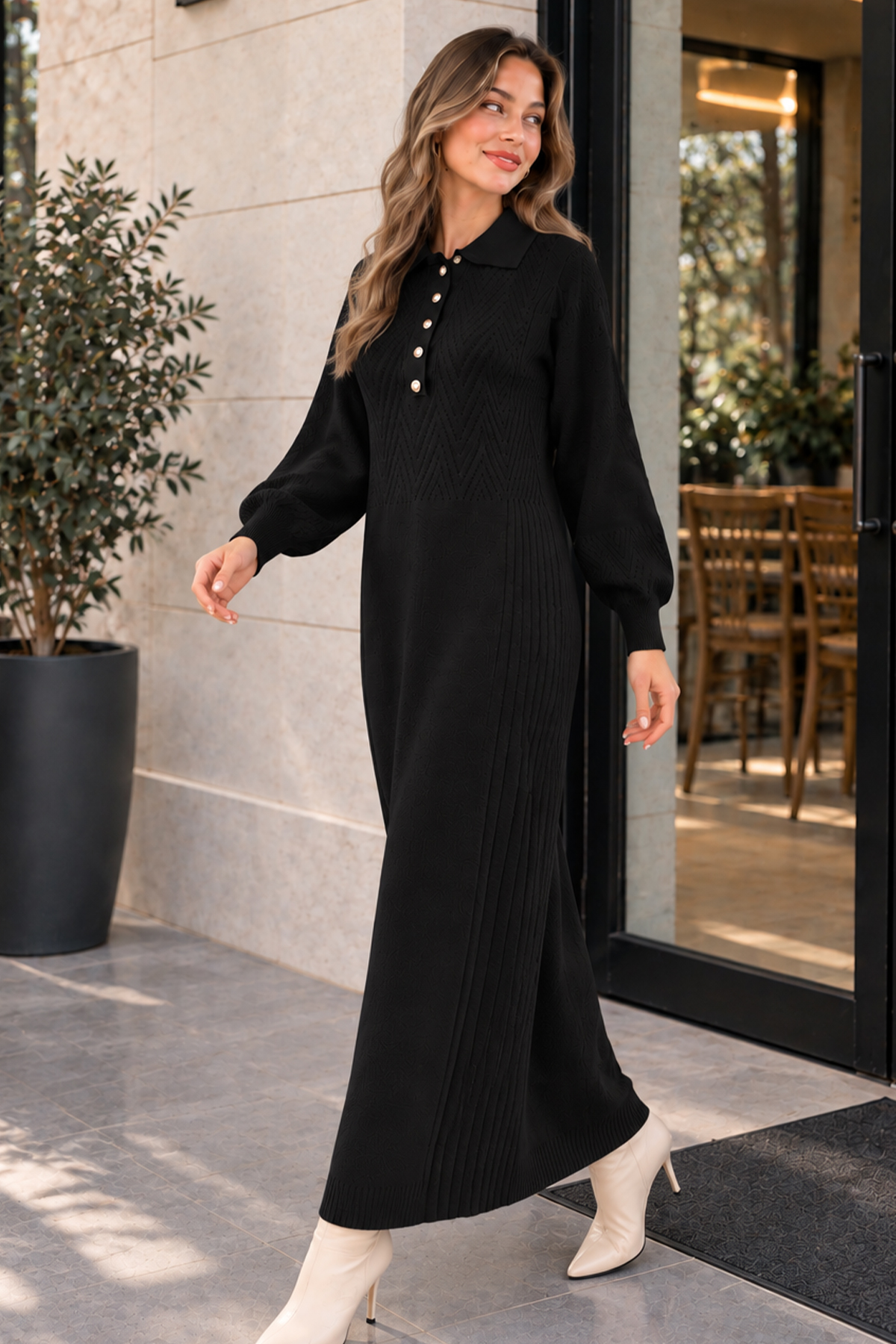 Button-neck Knit Dress K3072 Black