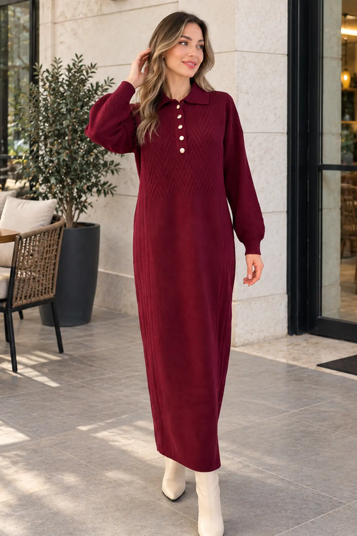 Button-neck Knit Dress K3072 Burgundy-detail