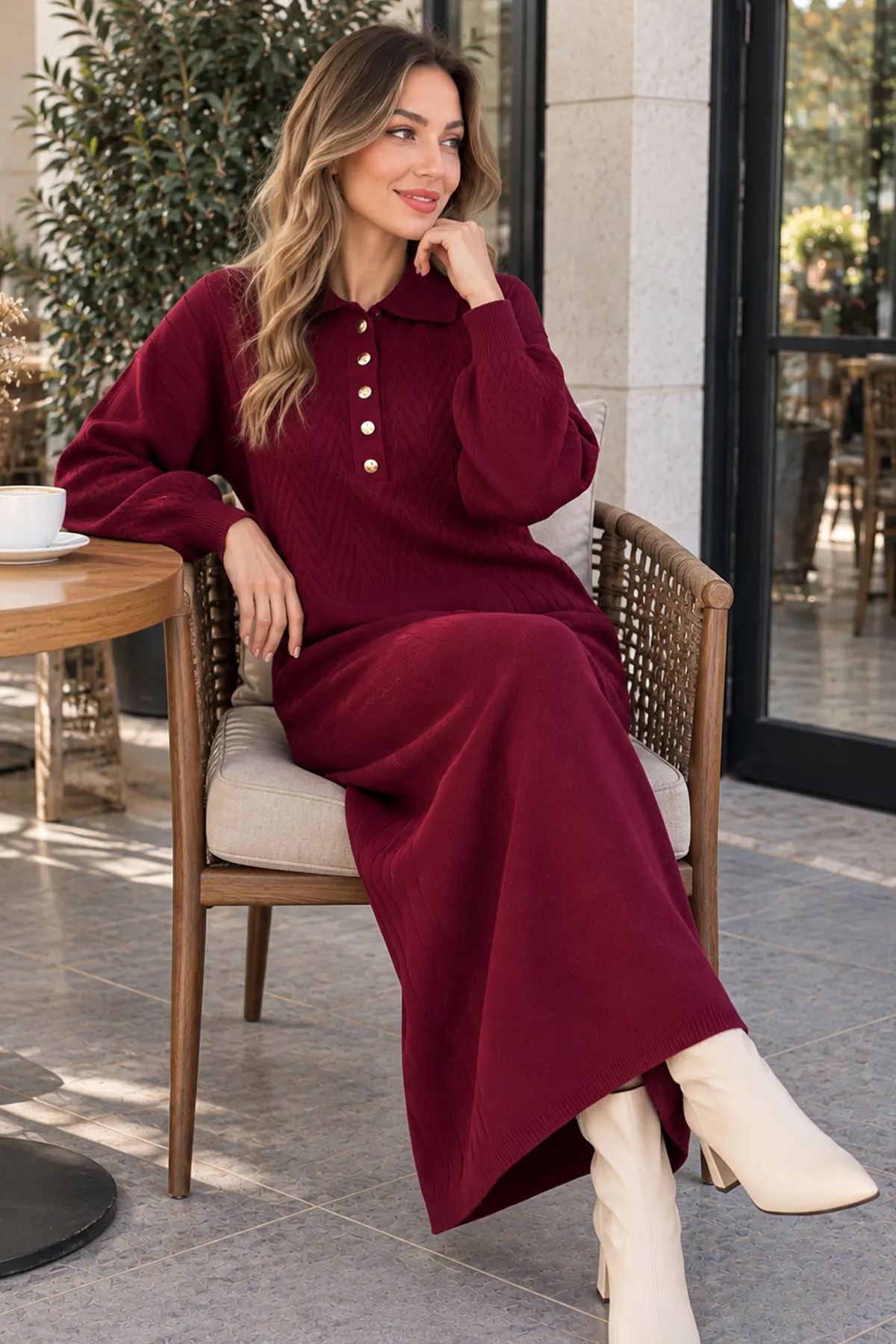 Button-neck Knit Dress K3072 Burgundy-detail