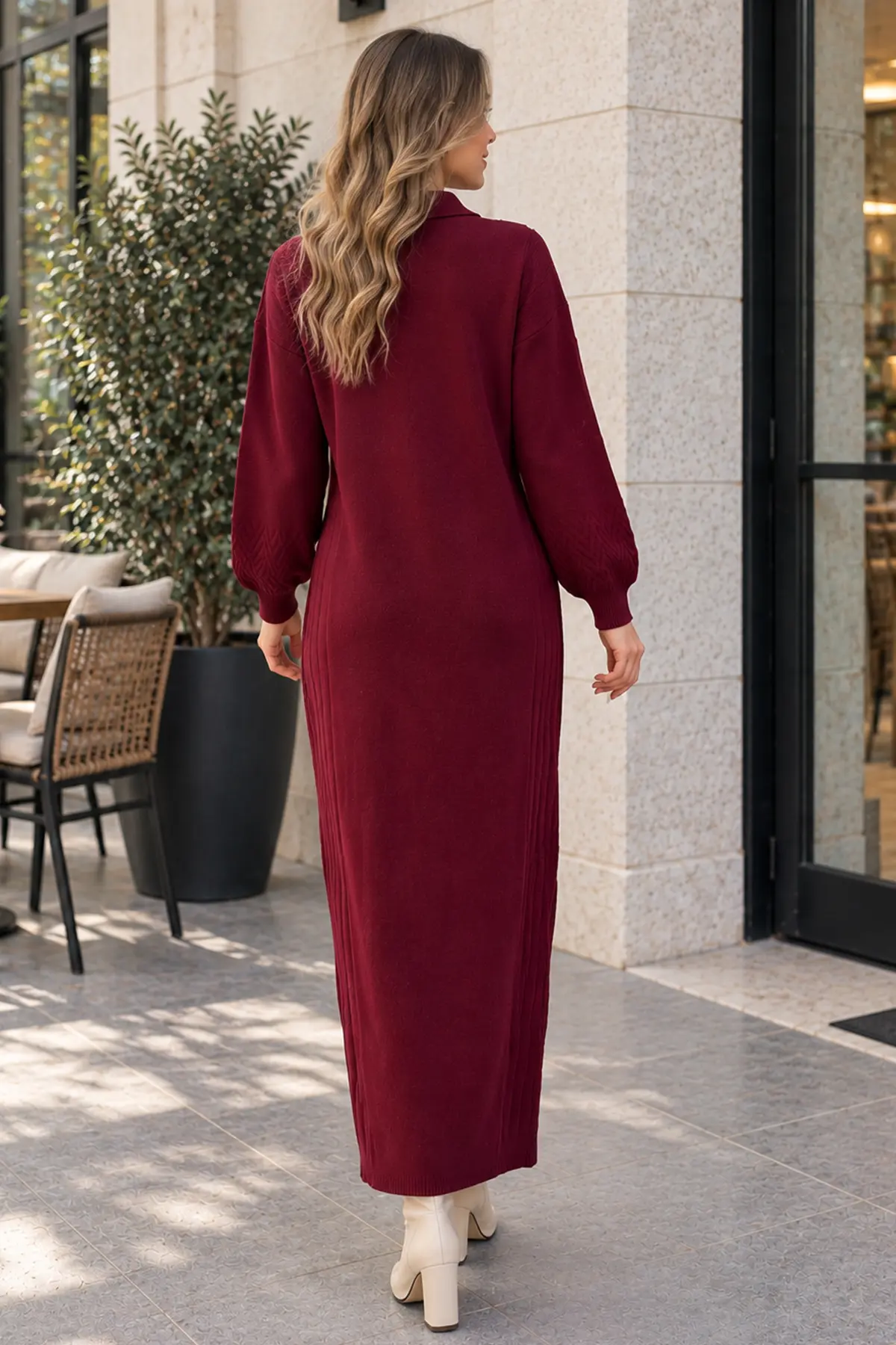 Button-neck Knit Dress K3072 Burgundy-detail