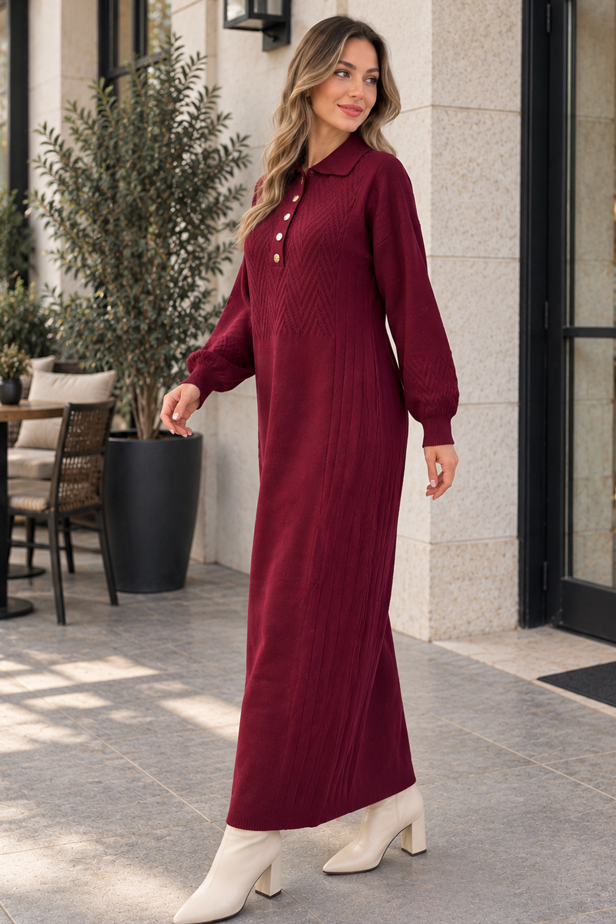 Button-neck Knit Dress K3072 Burgundy