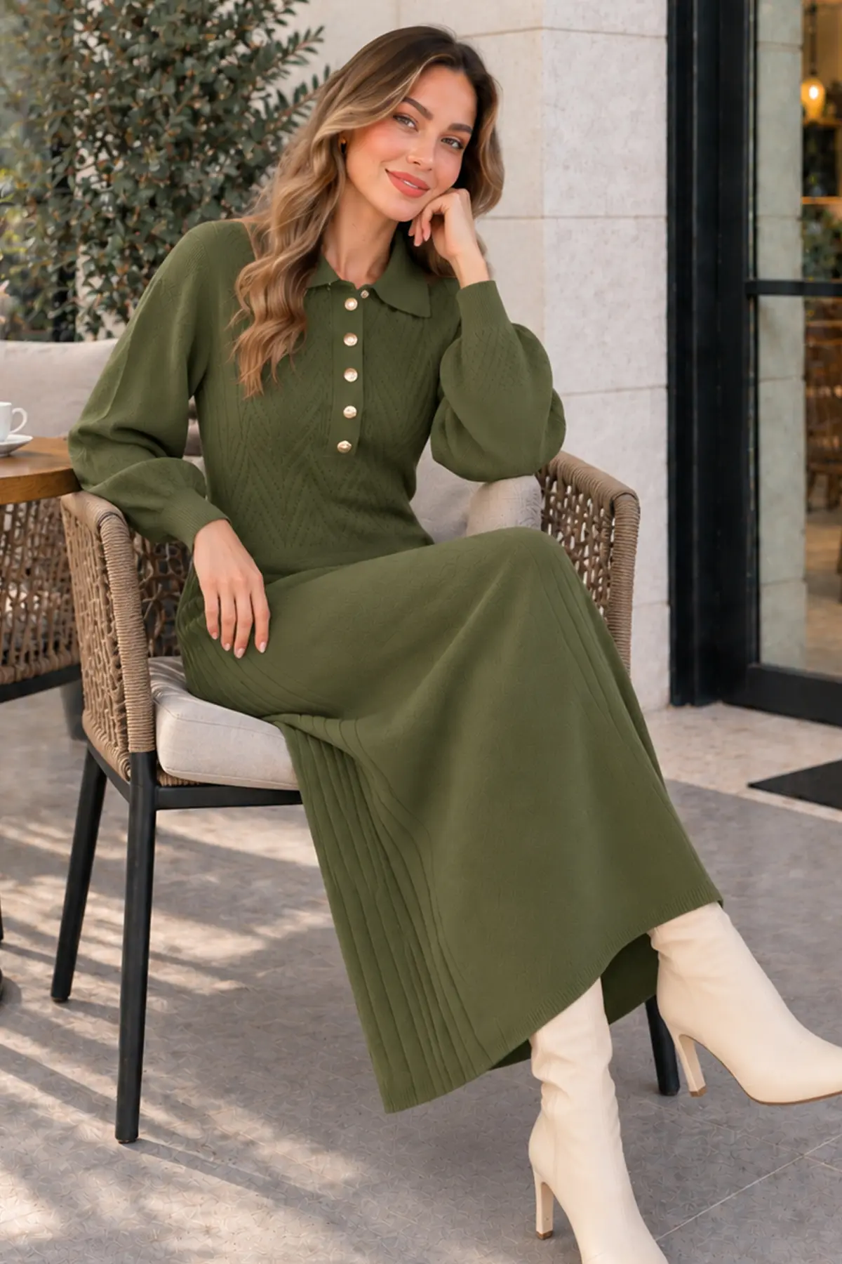 Button-neck Knit Dress K3072 Khaki-detail