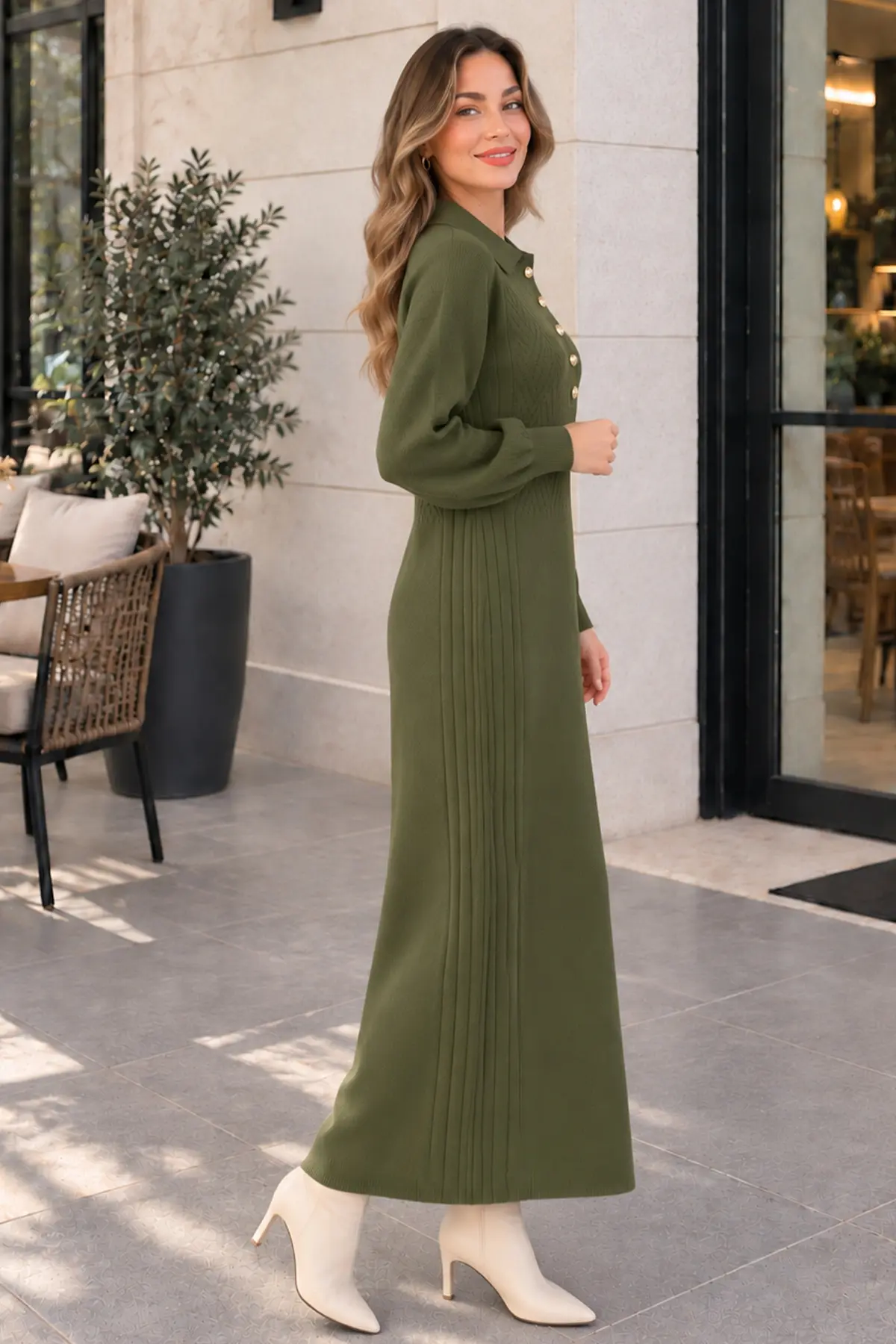 Button-neck Knit Dress K3072 Khaki-detail