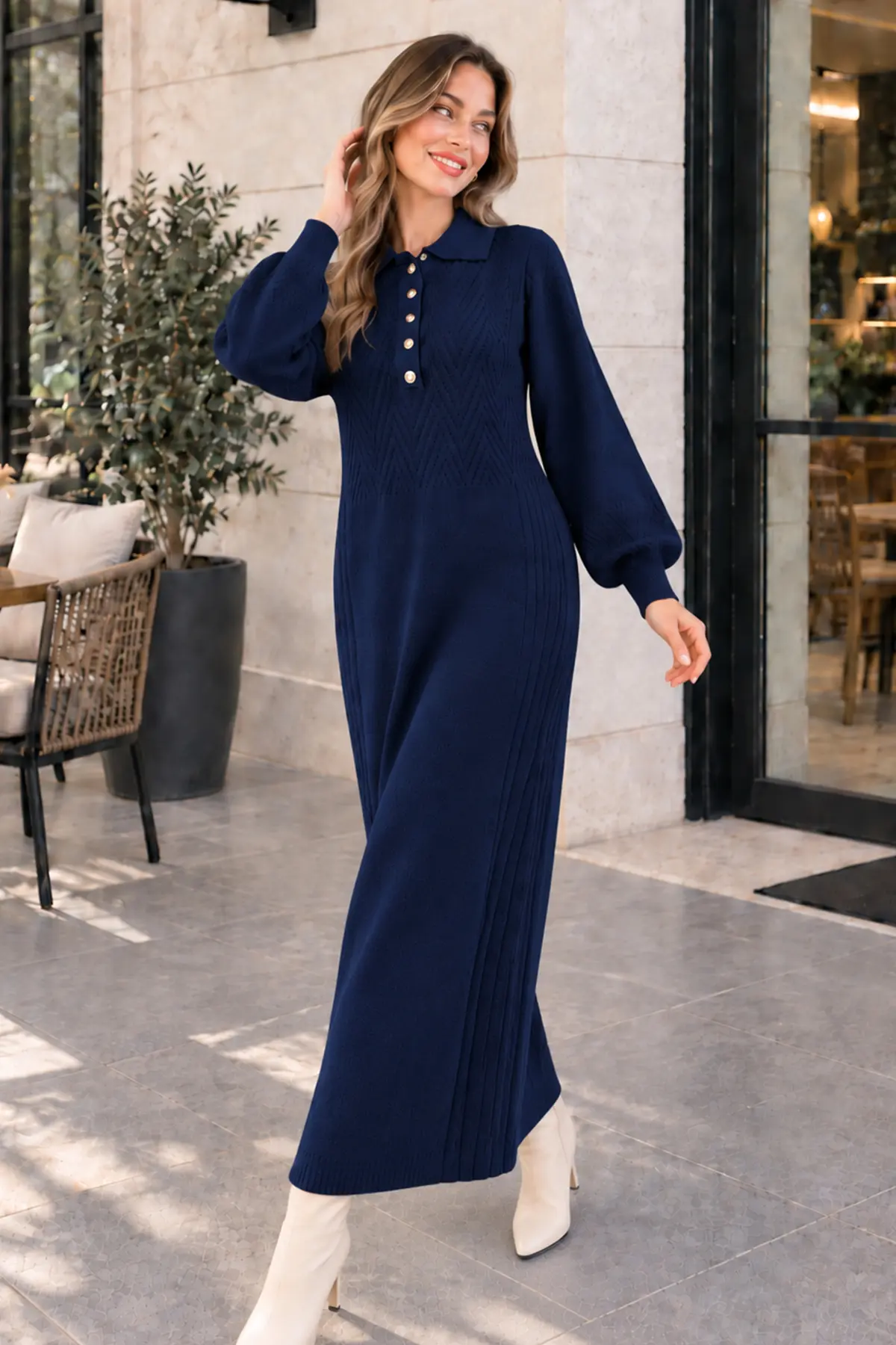 Button-neck Knit Dress K3072 Navy Blue-detail