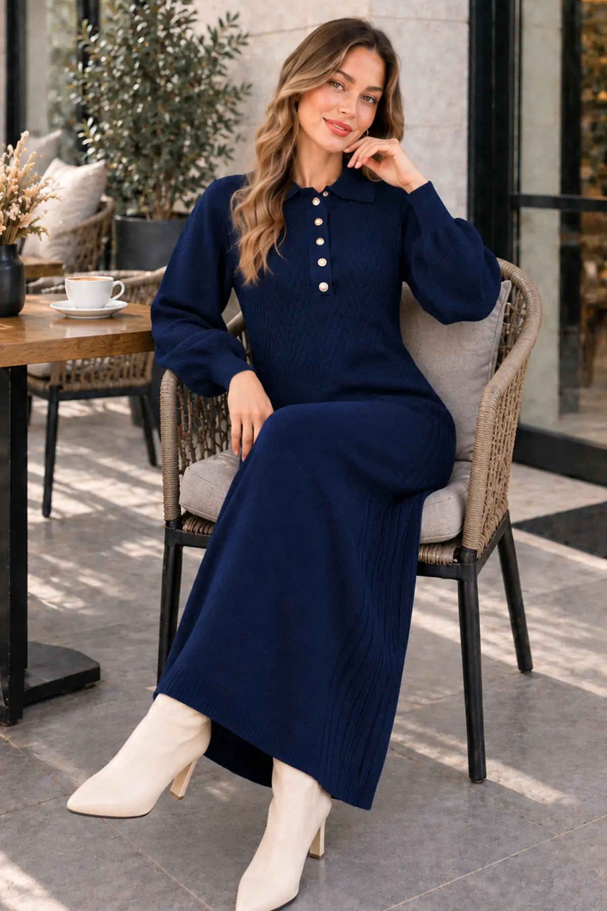 Button-neck Knit Dress K3072 Navy Blue-detail