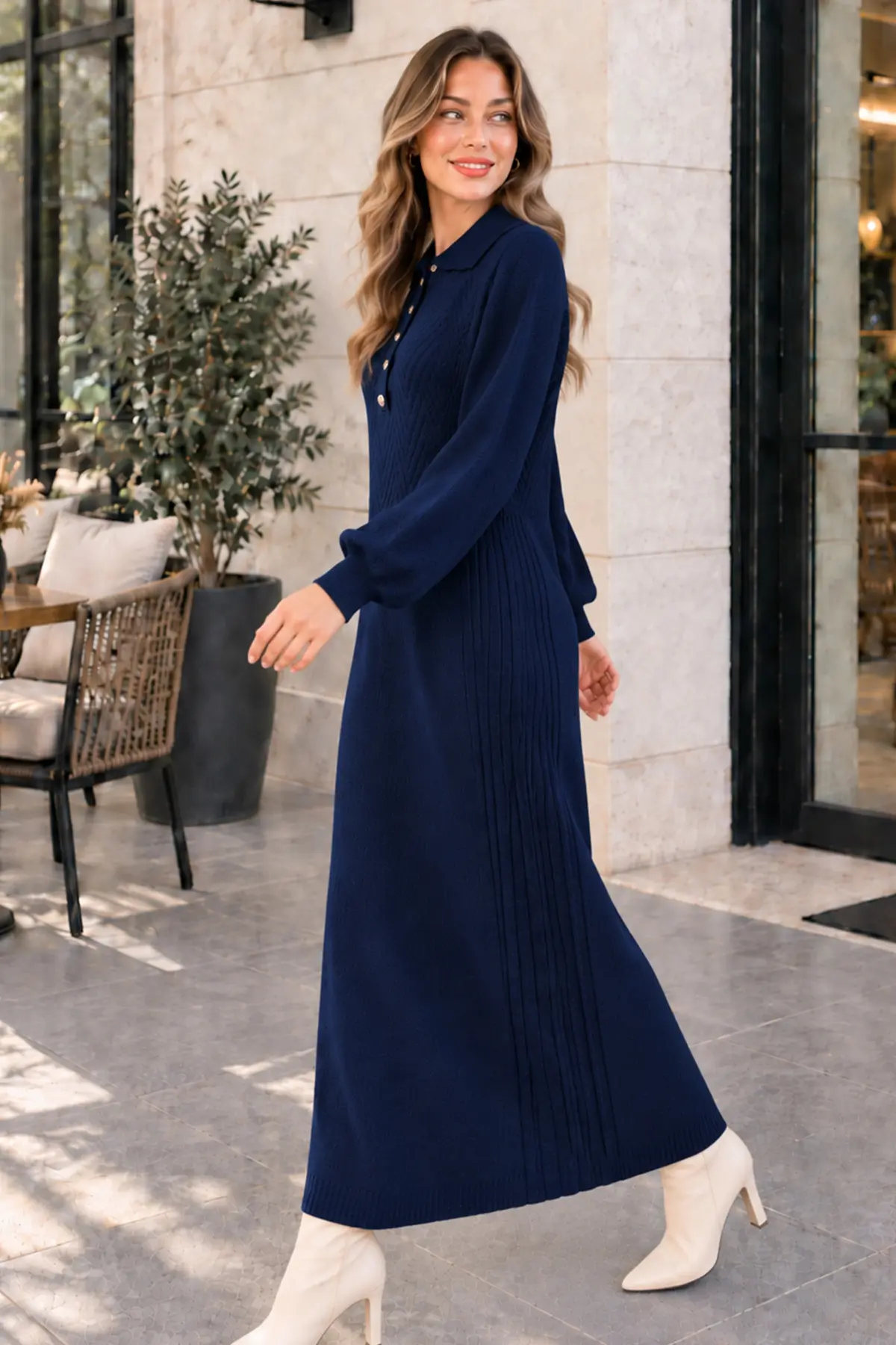 Button-neck Knit Dress K3072 Navy Blue-detail