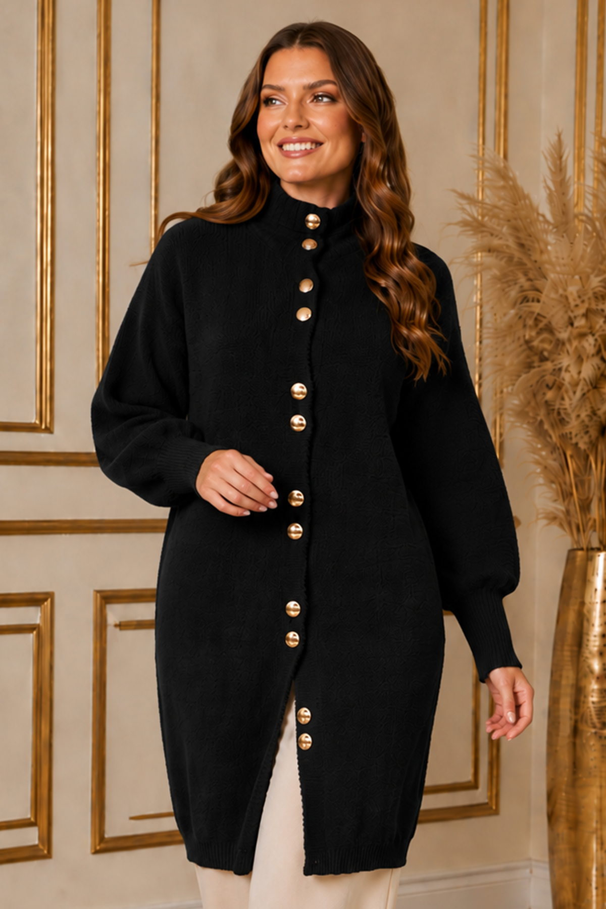Buttoned Eyelash-knit Cardigan N3265 Black