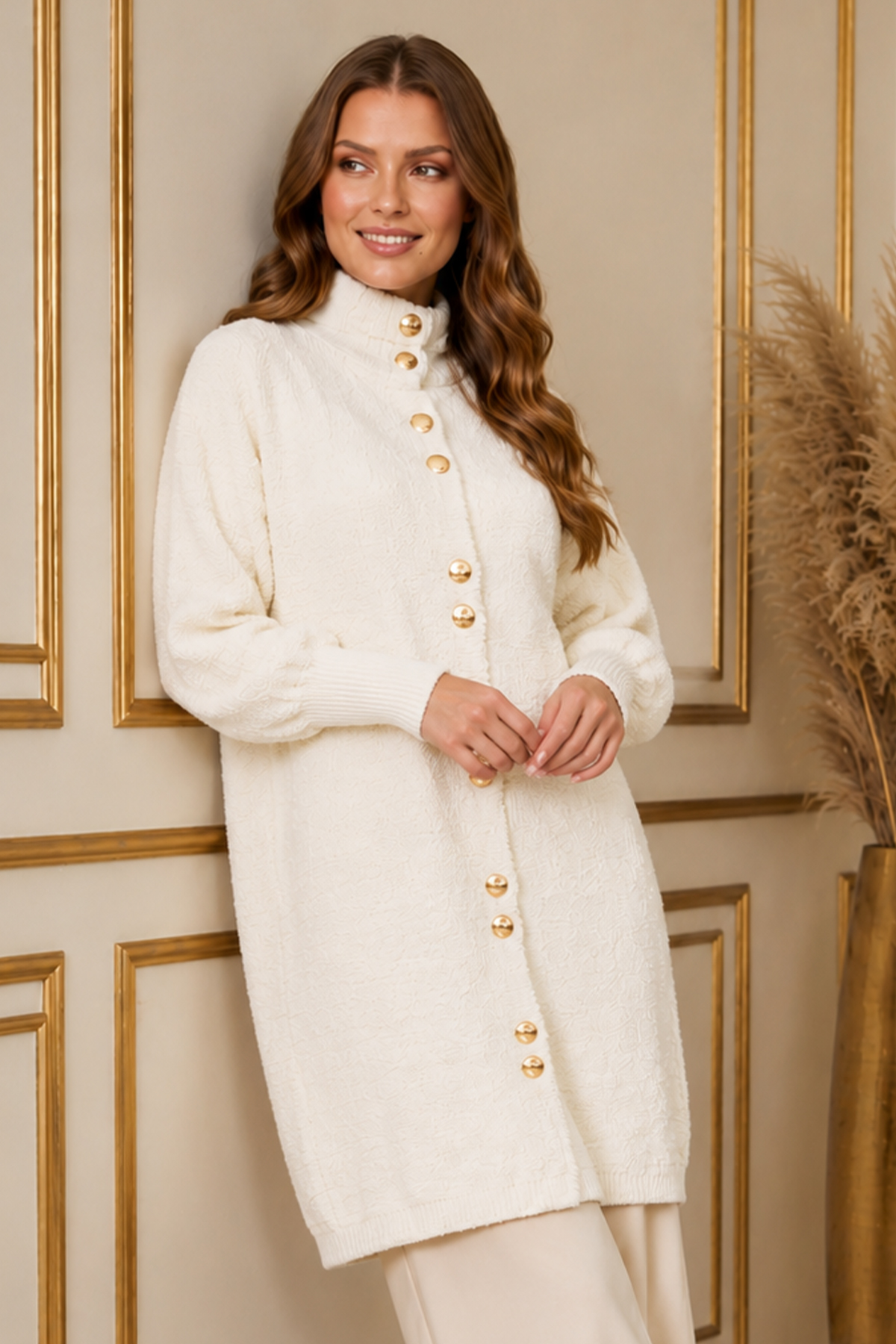 Buttoned Eyelash-knit Cardigan N3265 Ecru
