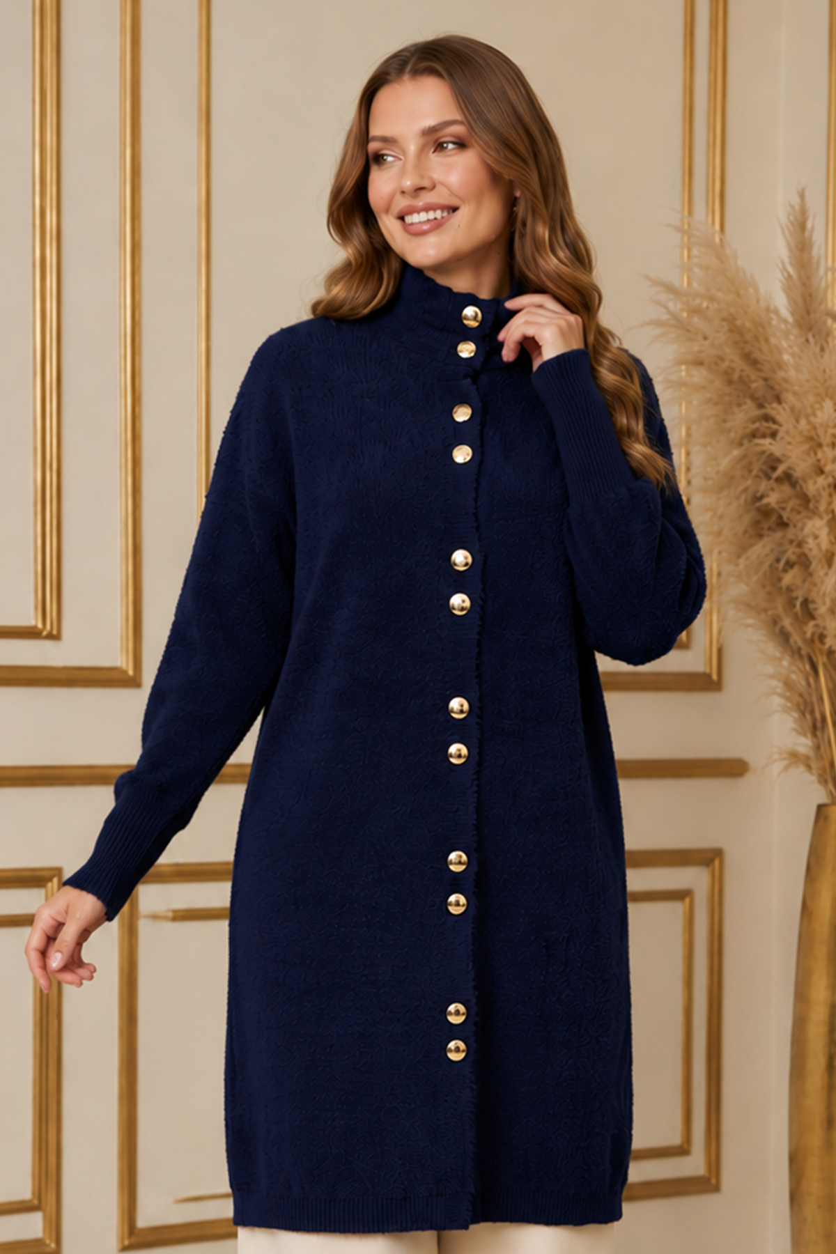 Buttoned Eyelash-knit Cardigan N3265 Navy Blue