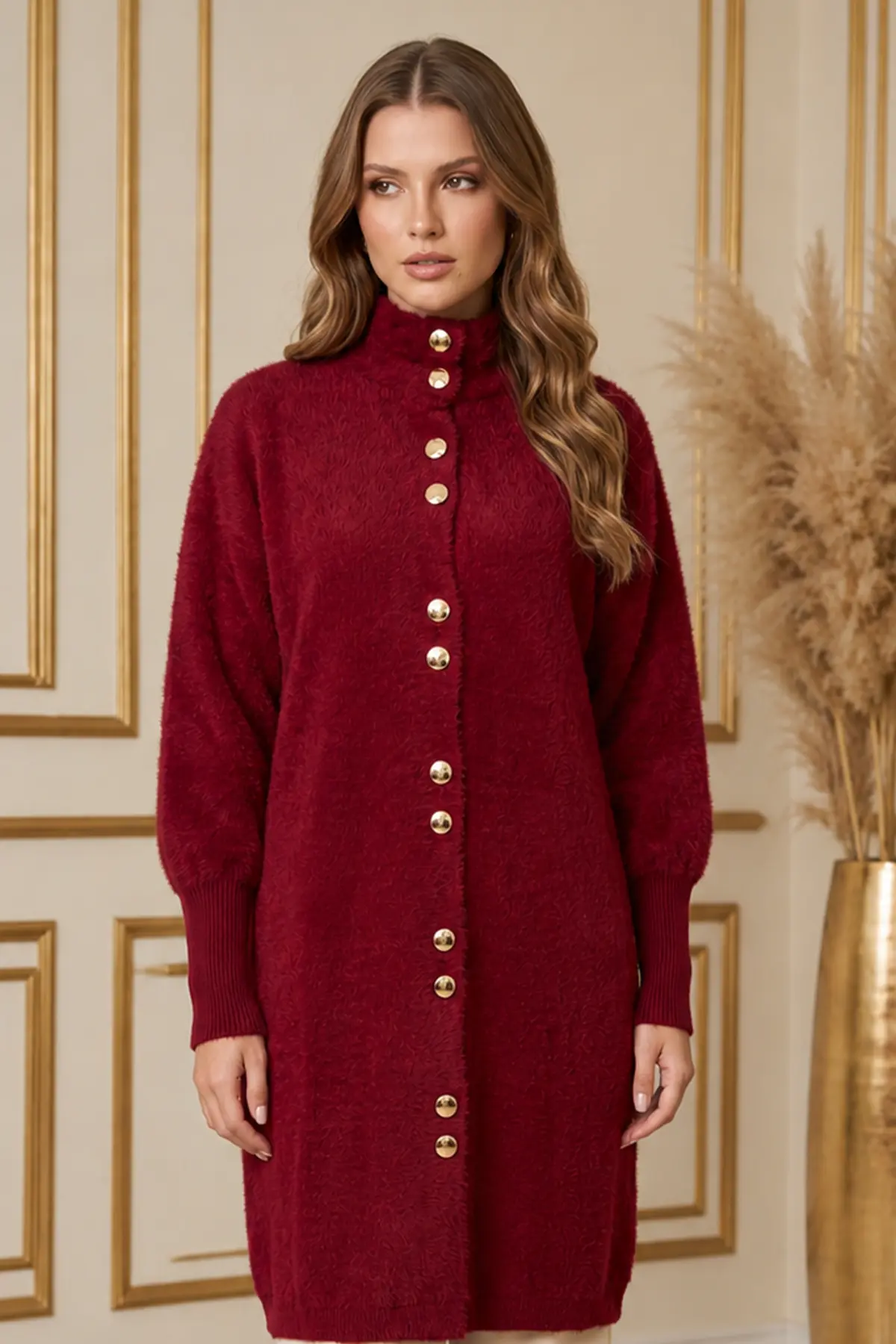 Buttoned Eyelash-knit Cardigan N3265 Red-detail