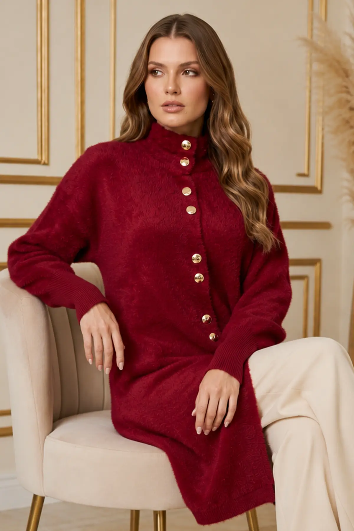 Buttoned Eyelash-knit Cardigan N3265 Red-detail