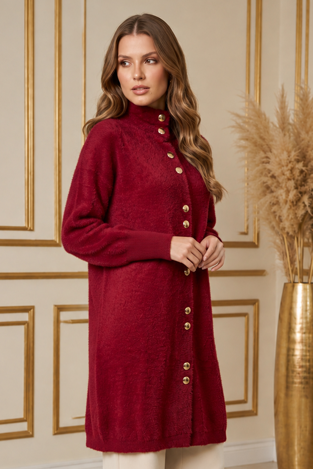 Buttoned Eyelash-knit Cardigan N3265 Red
