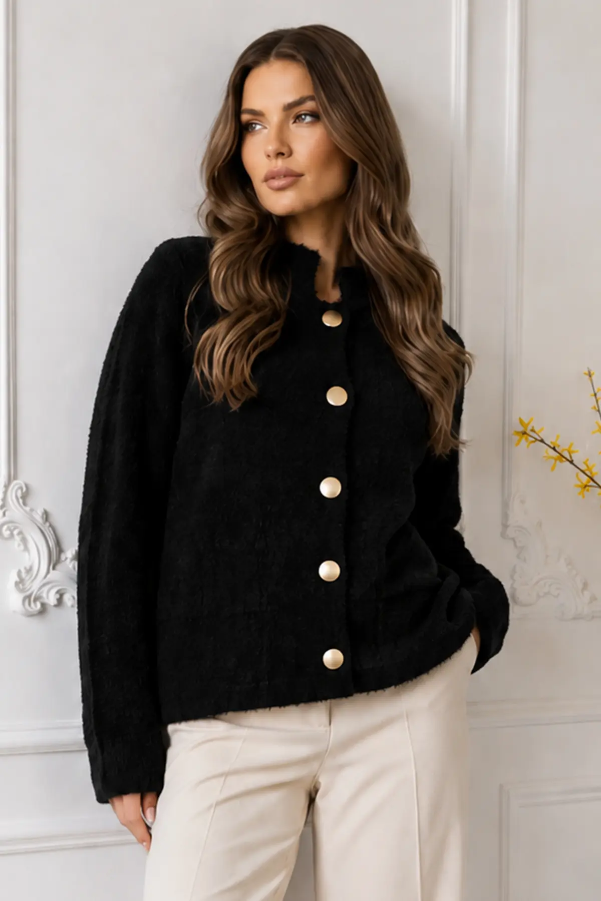 Buttoned Eyelash-knit Cardigan N3327 Black-detail