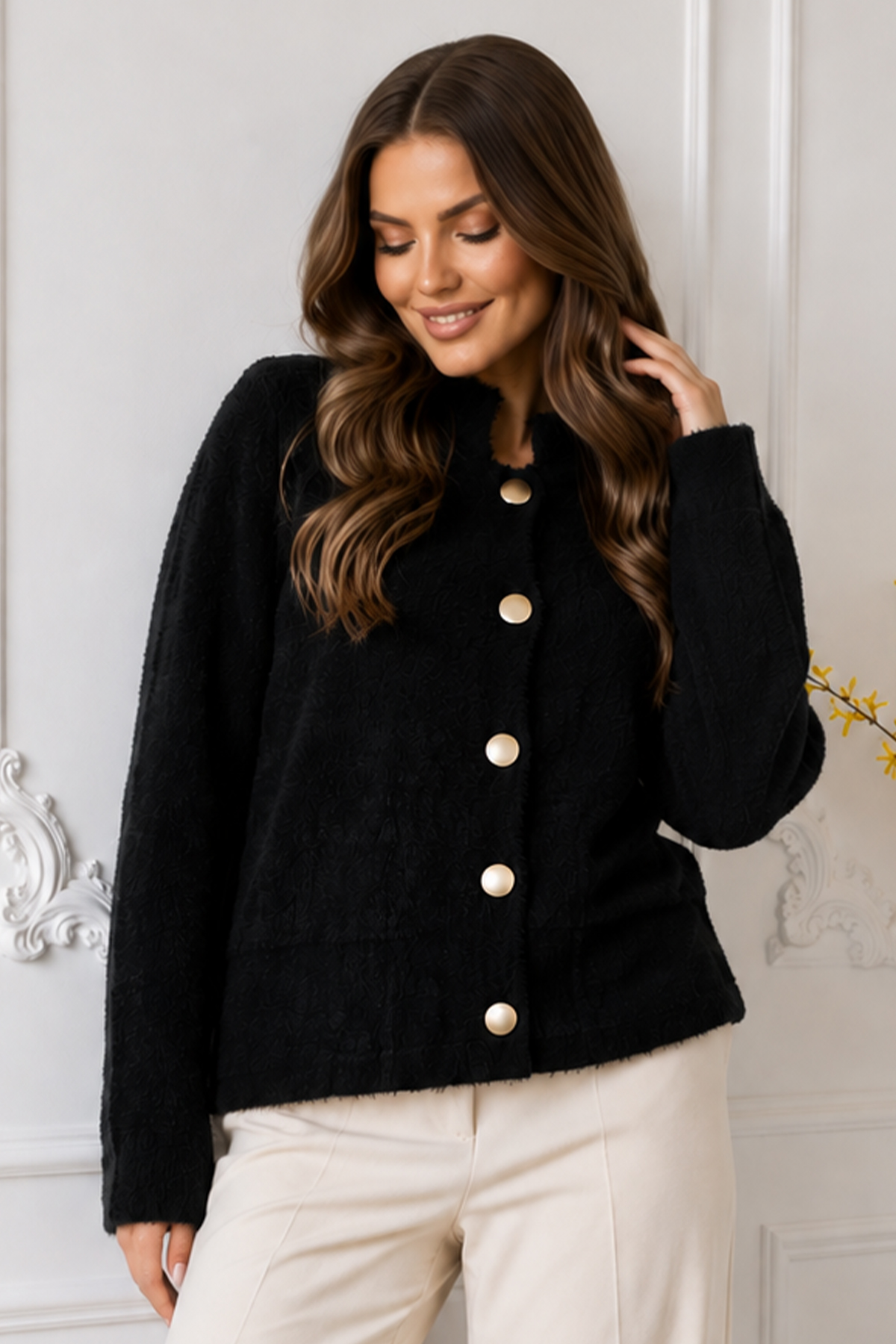 Buttoned Eyelash-knit Cardigan N3327 Black