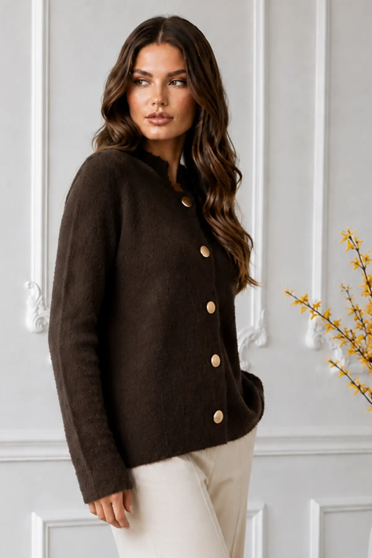 Buttoned Eyelash-knit Cardigan N3327 Brown-detail
