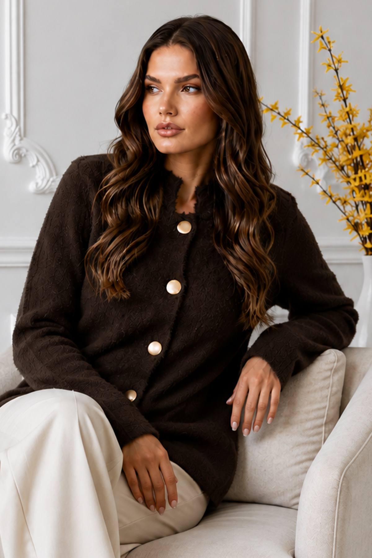 Buttoned Eyelash-knit Cardigan N3327 Brown