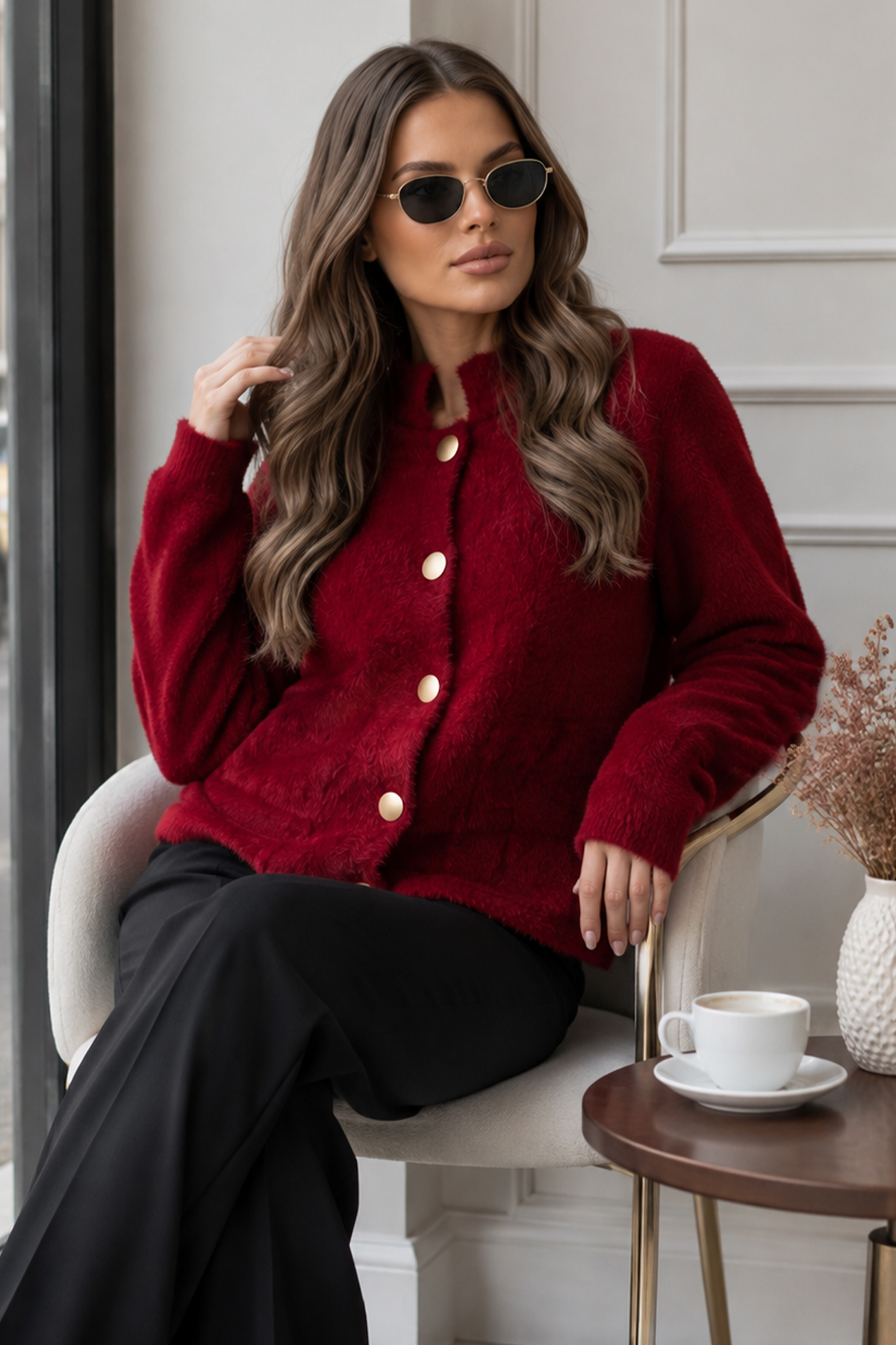 Buttoned Eyelash-knit Cardigan N3327 Burgundy