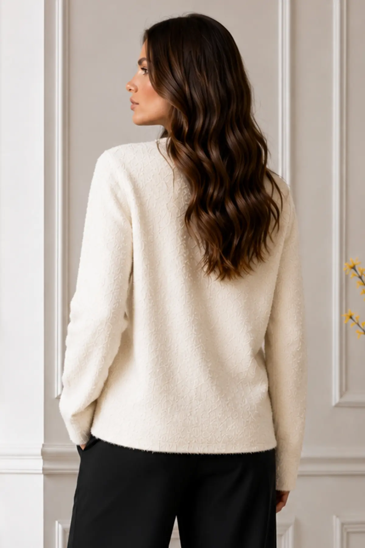 Buttoned Eyelash-knit Cardigan N3327 Ecru-detail