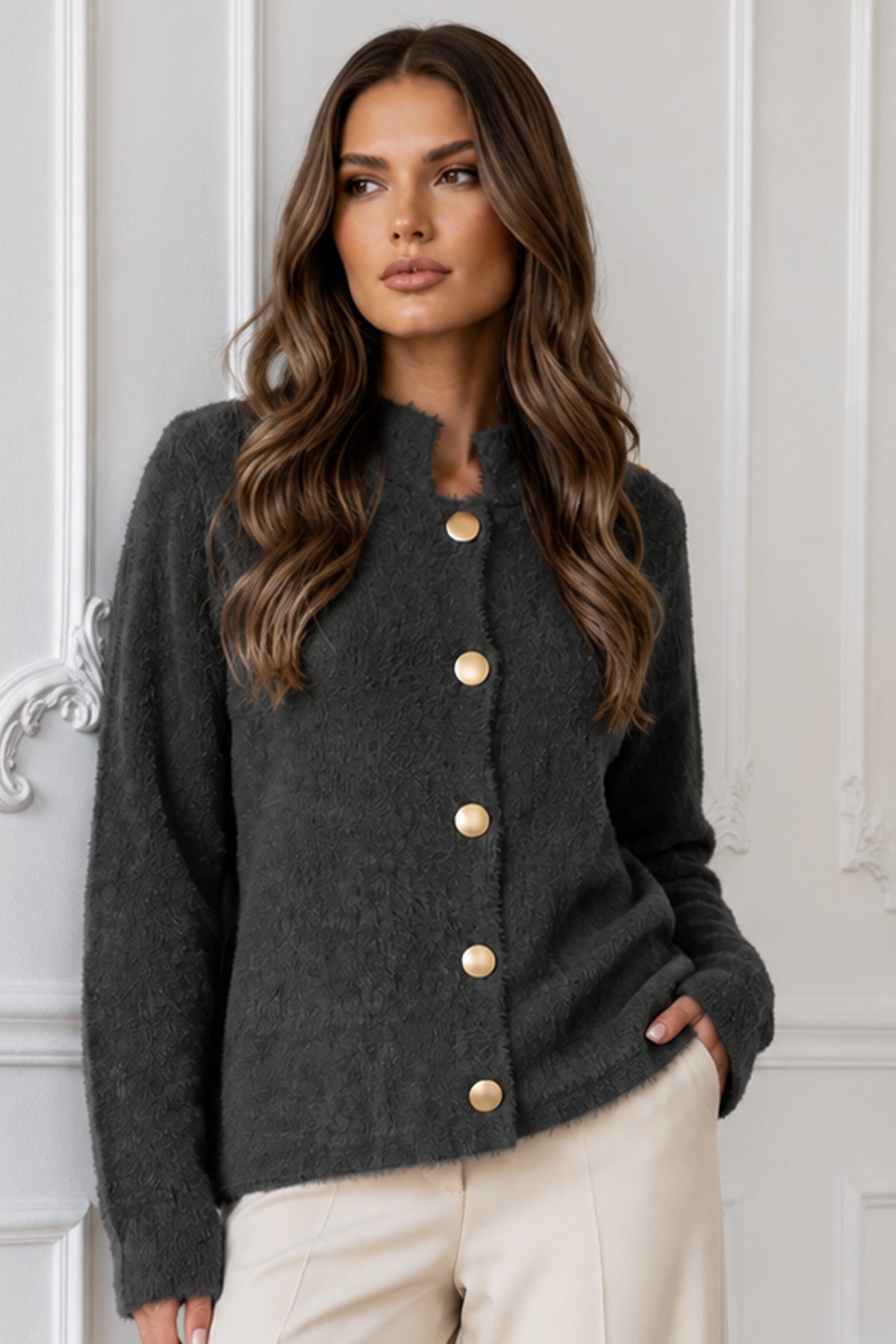 Buttoned Eyelash-knit Cardigan N3327 Grey
